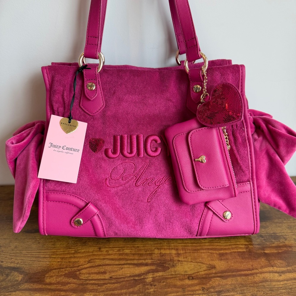 New Juicy Couture Juicy Angel Raspberry Pink Tote Shoulder Handbag Y2K Bows Cute